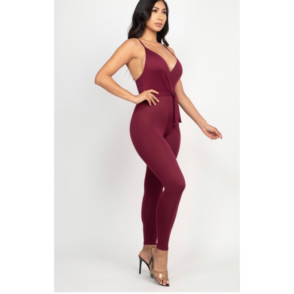 Surplice cami jumpsuit with strap belt